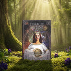 Coffret L'Oracle de la Lune - Cartes Oracle de Stacey Demarco posé sur une souche en forêt, illustré d'une femme couronnée tenant un astre lunaire.
