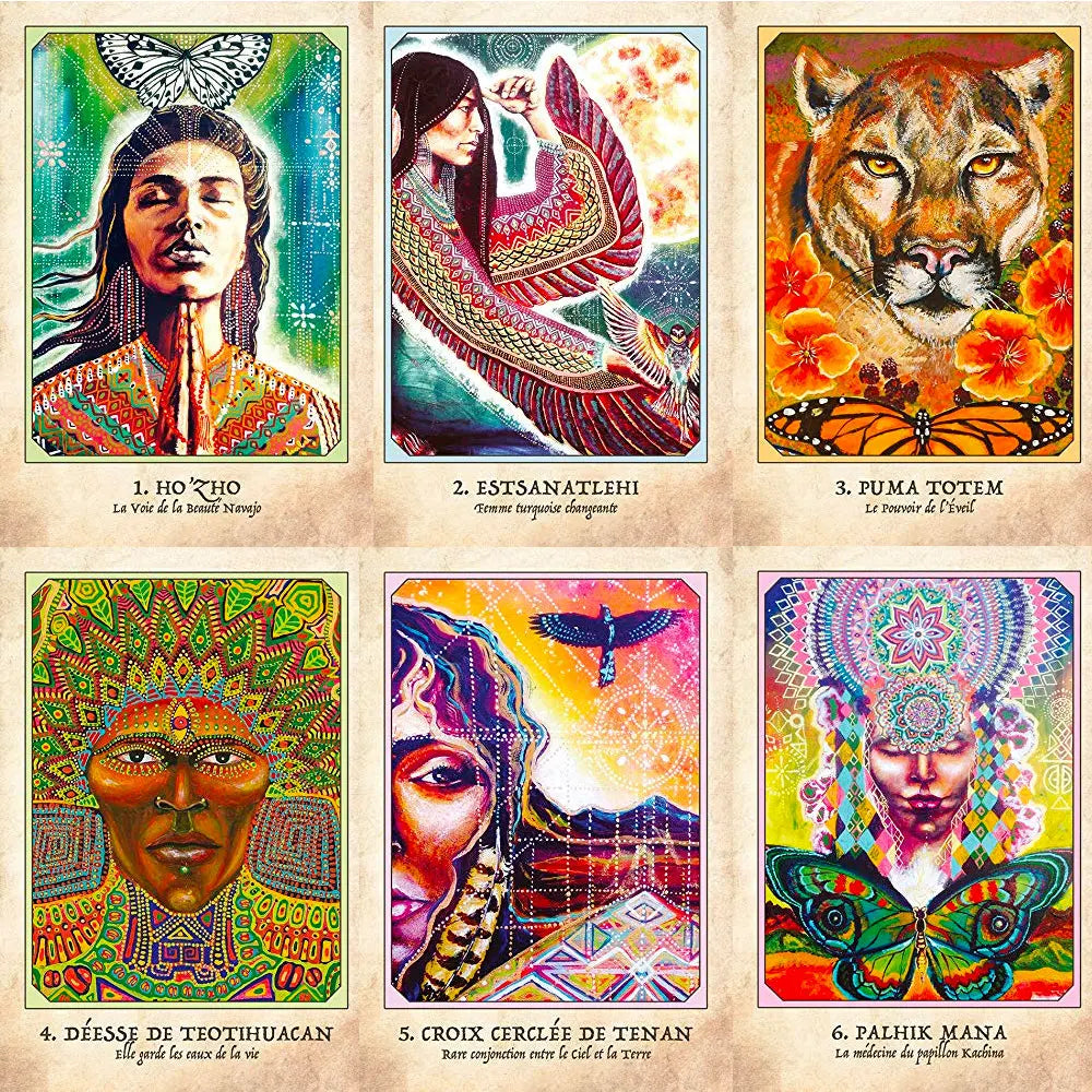 Aperçu de 6 cartes de l’Oracle des Guerriers de la Terre, illustrations colorées et noms des cartes.