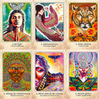 Aperçu de 6 cartes de l’Oracle des Guerriers de la Terre, illustrations colorées et noms des cartes.