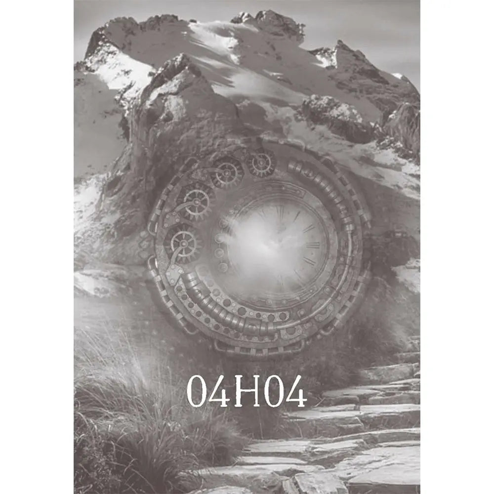 L'Oracle des Heures Miroirs illustré par la carte 04H04 représentant un mécanisme d'horloge complexe intégré dans un paysage de montagne enneigée.