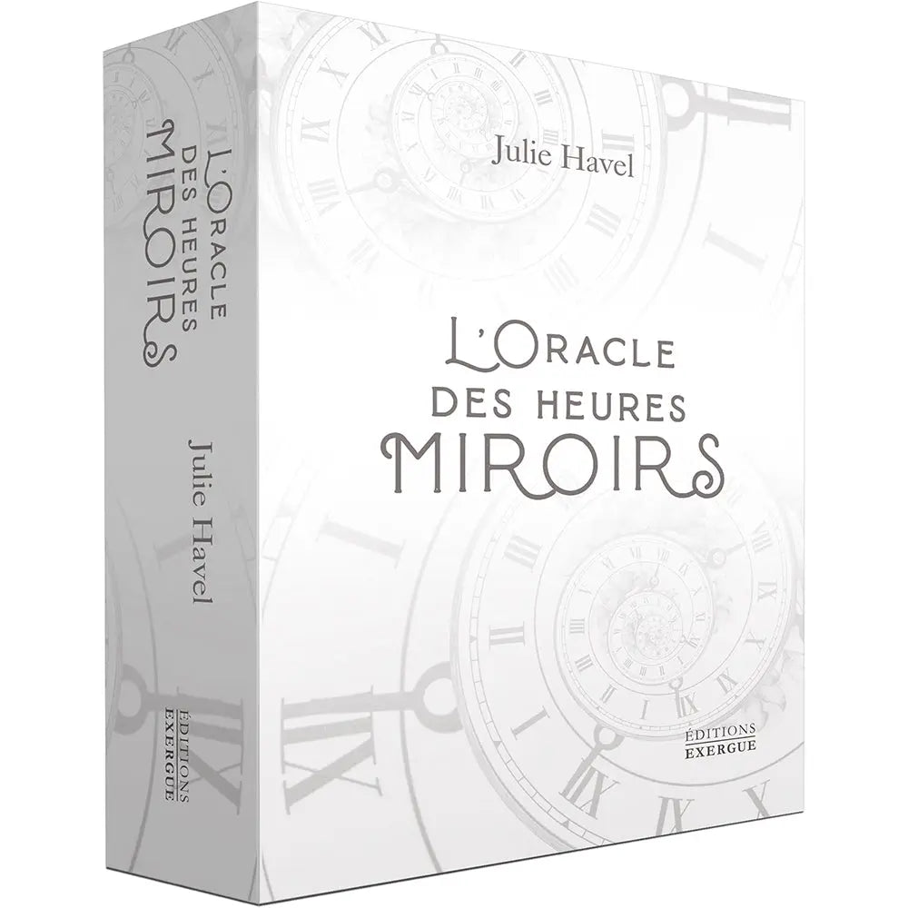 L'Oracle des Heures Miroirs présenté dans un coffret blanc épuré orné de cadrans d'horloges anciennes en filigrane gris.
