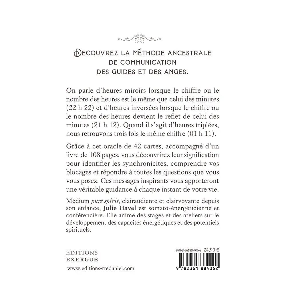 L'Oracle des Heures Miroirs affichant son texte de présentation au verso sur un fond blanc sobre et minimaliste.