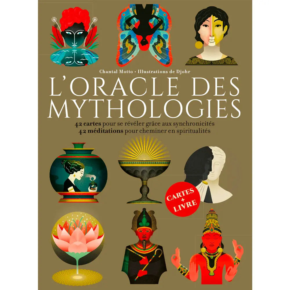 L'Oracle des Mythologies illustré par neuf symboles et divinités colorés sur un fond kaki, incluant un pharaon, un lotus et des bustes antiques.