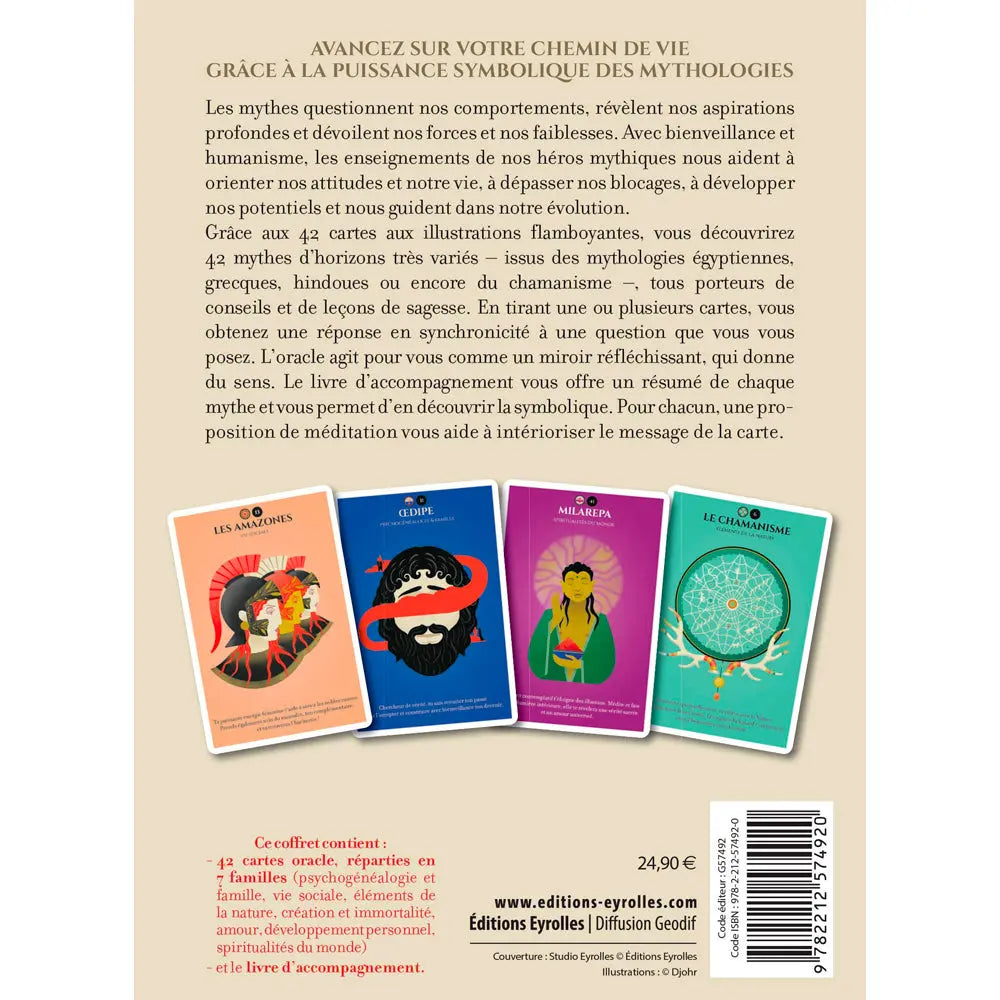 L'Oracle des Mythologies présentant son texte de présentation au verso avec quatre cartes illustrées aux couleurs vives : orange, bleu, violet et vert.