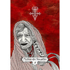 Carte « Pythie des Tempêtes » : portrait noir et blanc d’une femme âgée voilée, fond rouge texturé avec symbole blanc.