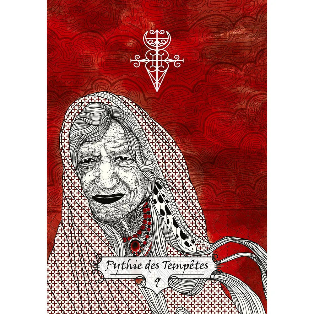 Carte « Pythie des Tempêtes » : portrait noir et blanc d’une femme âgée voilée, fond rouge texturé avec symbole blanc.