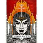 Carte « Pythie de l’Autel de Sel » : visage féminin noir et blanc, flammes et grandes bougies, fond rouge.