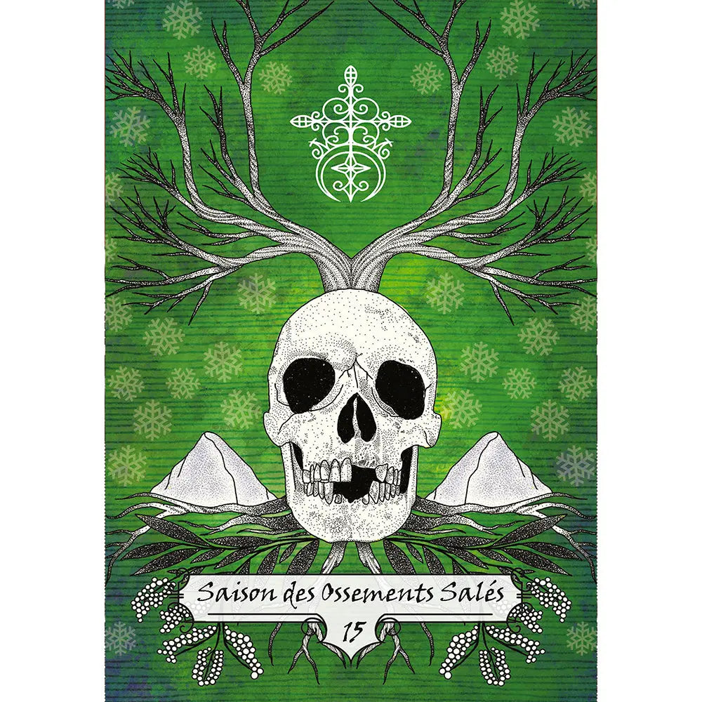 Carte « Saison des Ossements Salés » : crâne sur fond vert, branches en bois de cerf, montagnes et flocons.