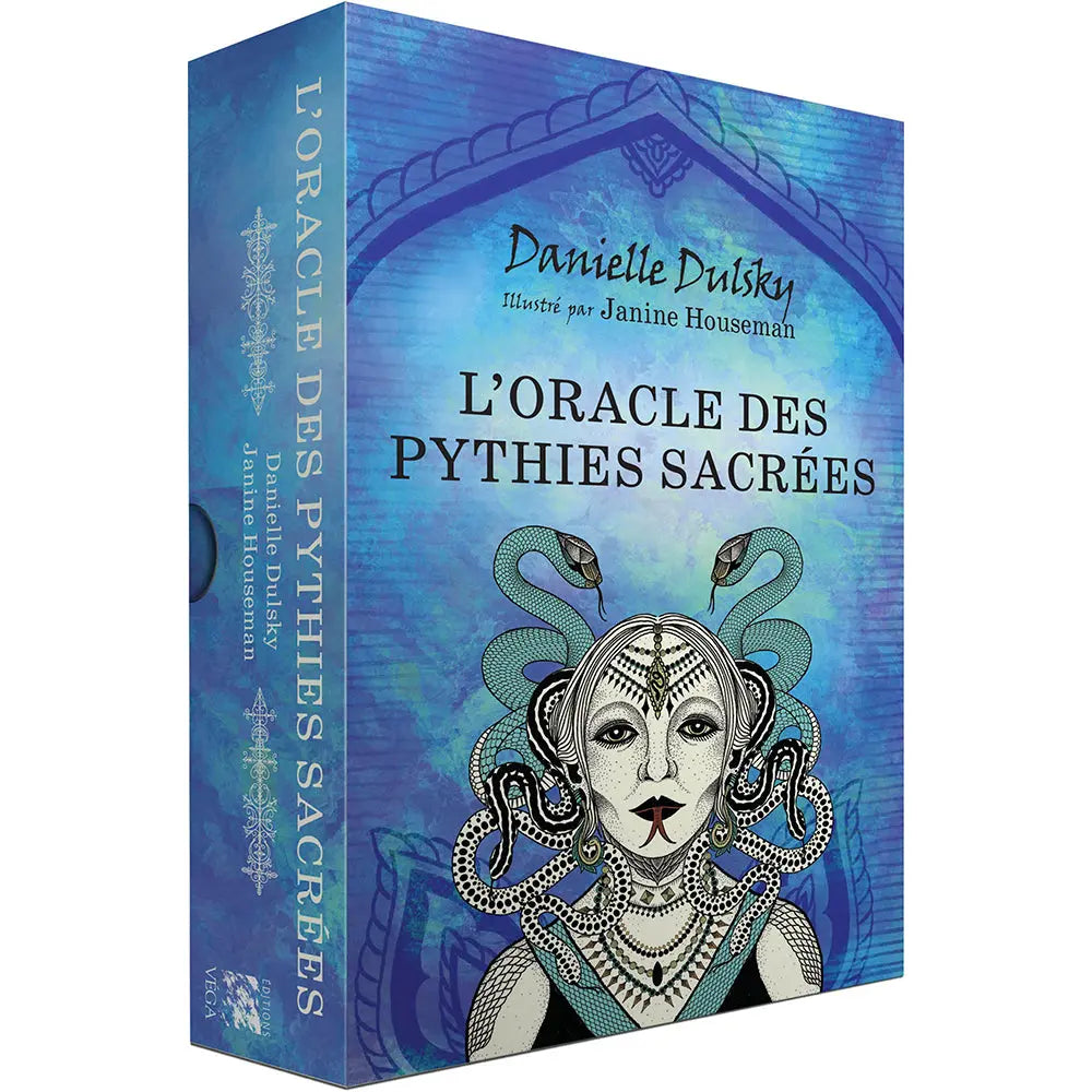 Coffret « L’Oracle des Pythies Sacrées » bleu, visage féminin entouré de serpents.