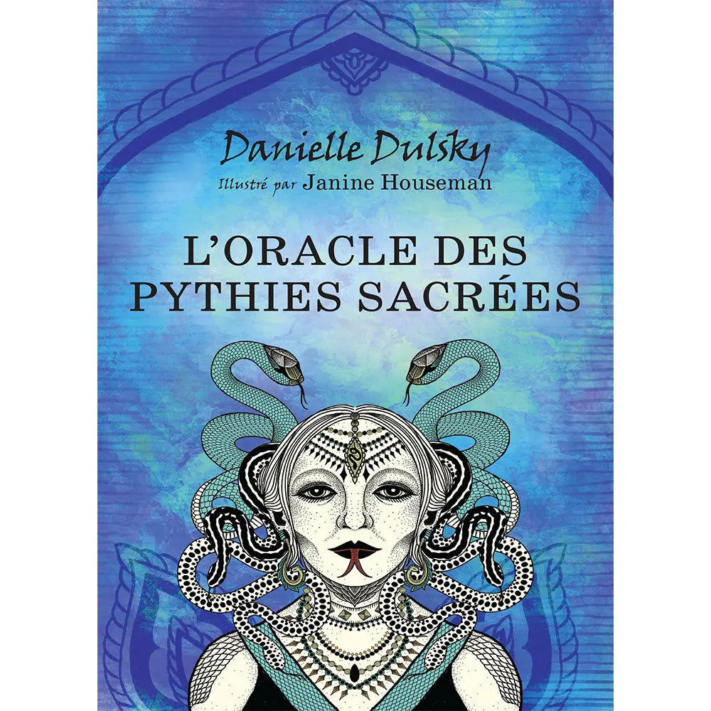 Boîte « L’Oracle des Pythies sacrées » : couverture bleue avec visage stylisé de femme entourée de serpents.