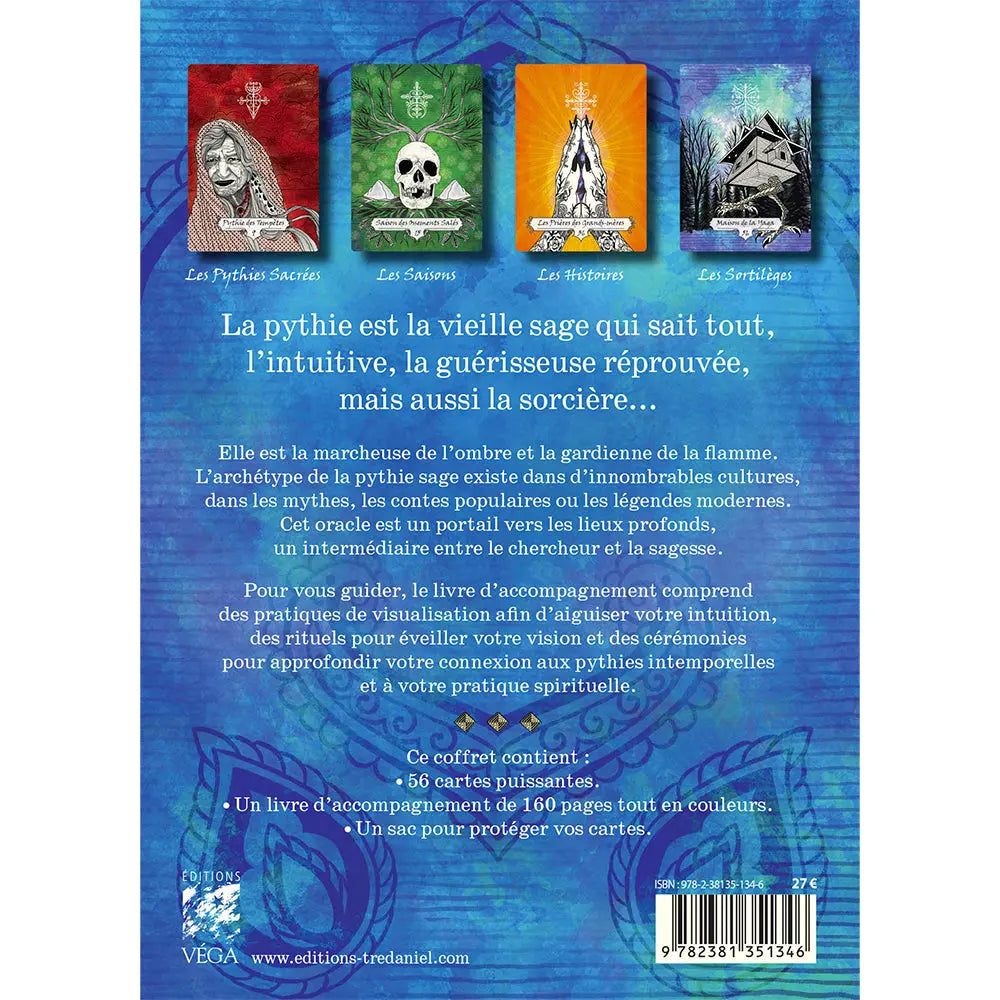 Dos du coffret « L’Oracle des Pythies Sacrées » bleu, texte de présentation, aperçus de 4 cartes et code-barres.