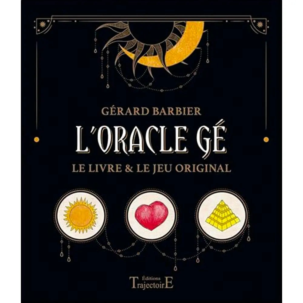 L'Oracle Gé Jeu+Livre illustré par un coffret noir aux symboles dorés de lune et de soleil, incluant trois médaillons avec un soleil, un cœur et une pyramide.