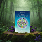 Coffret bleu L'Oracle Quantique de Richard Gandon posé sur une souche, illustré d'un mandala coloré au centre d'une forêt de fleurs violettes.