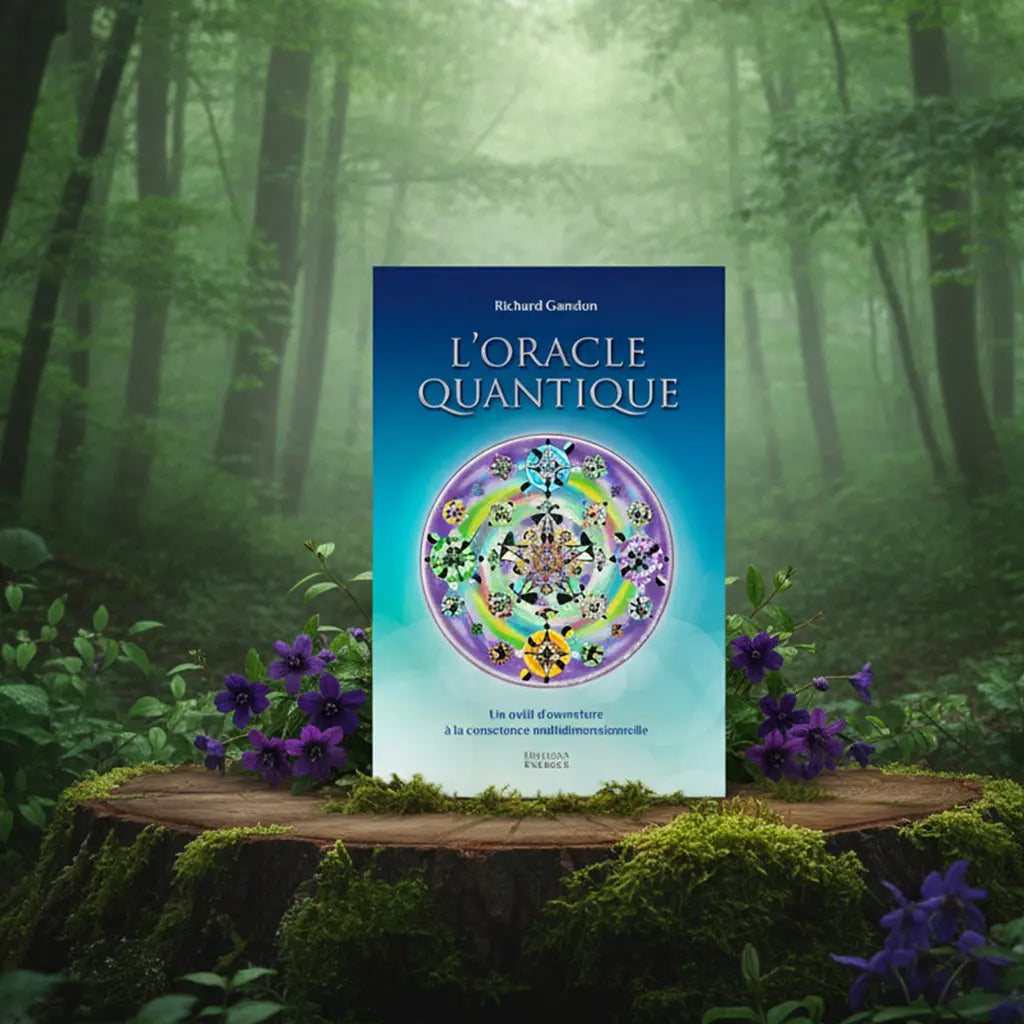 Coffret bleu L'Oracle Quantique de Richard Gandon posé sur une souche, illustré d'un mandala coloré au centre d'une forêt de fleurs violettes.