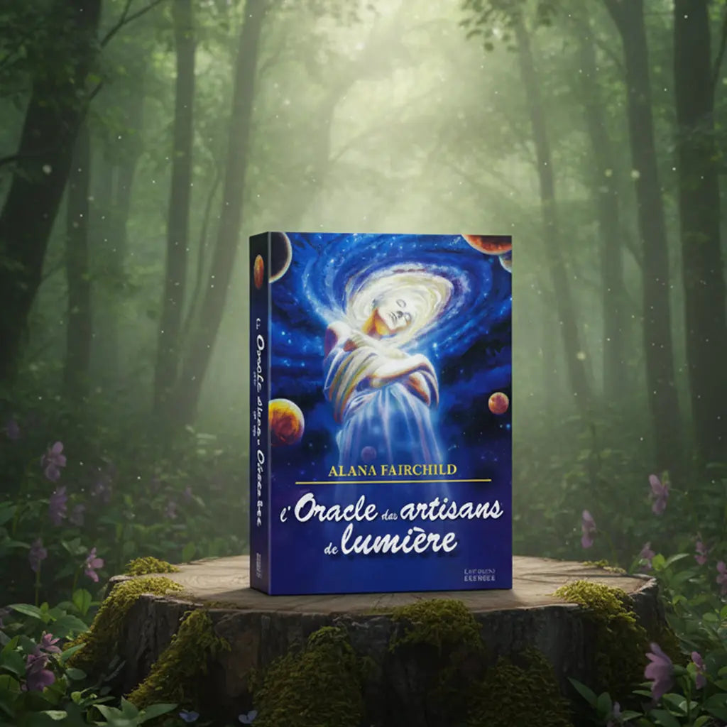 Coffret bleu L'Oracle des Artisans de Lumière d'Alana Fairchild posé sur une souche, illustré d'une silhouette lumineuse dans une galaxie tourbillonnante par Mario Duguay.