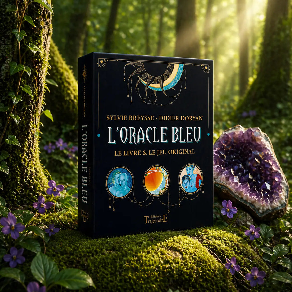 Coffret noir L'Oracle Bleu de Sylvie Breysse et Didier Doryan posé dans la mousse forestière, illustré de trois médaillons montrant des personnages et des paysages aux teintes bleutées et orangées.