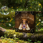 Coffret L'Oracle de La Bonne Aventure de Stéphanie Abellan posé sur une souche moussue en forêt, ambiance mystique avec boule de cristal en arrière-plan.