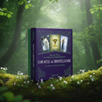 Coffret violet et vert L'Oracle de Brocéliande de Chloé Toile posé sur une souche, illustré d'un Graal lumineux et de personnages arthuriens par Sandrine Gestin.