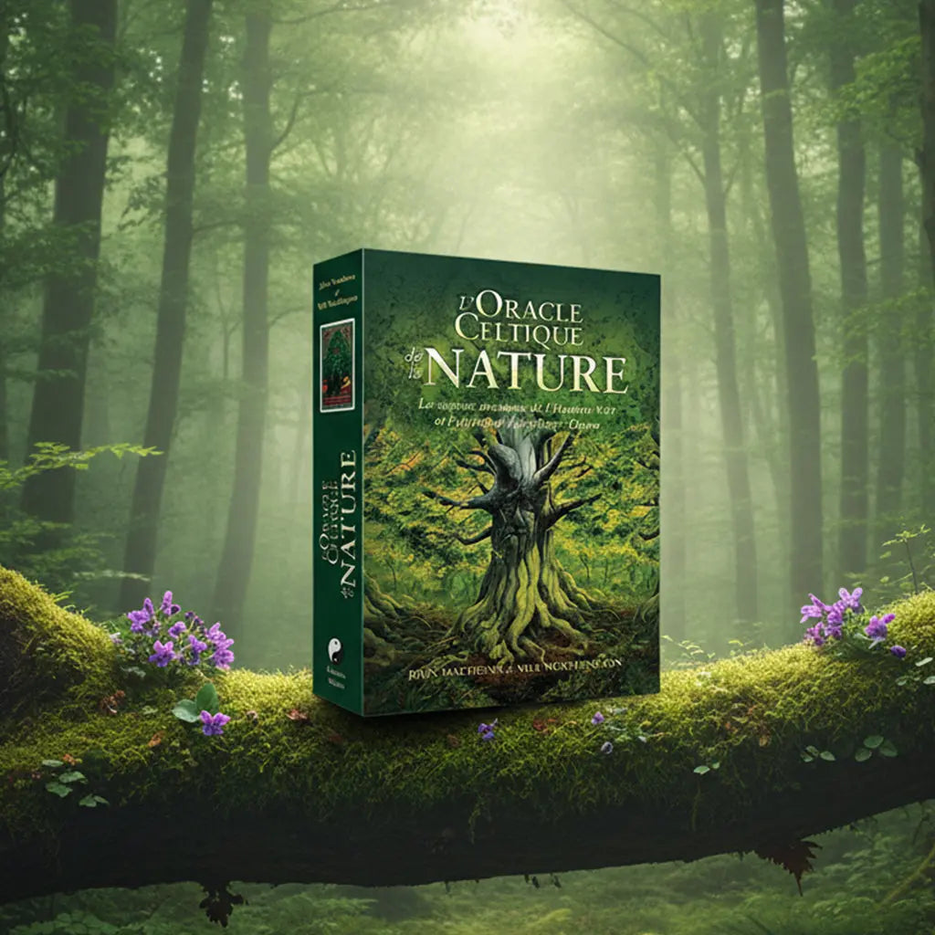 Coffret vert forêt L'Oracle Celtique de la Nature de John Matthews posé sur une souche, illustré d'un arbre ancien au visage d'Homme Vert par Will Worthington.