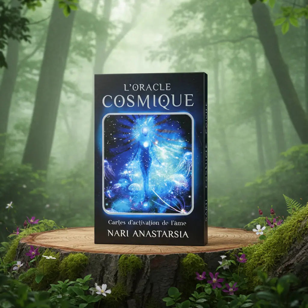Coffret noir L'Oracle Cosmique de Nari Anastarsia posé sur une souche, illustré d'une silhouette lumineuse bleue flottant dans l'espace.