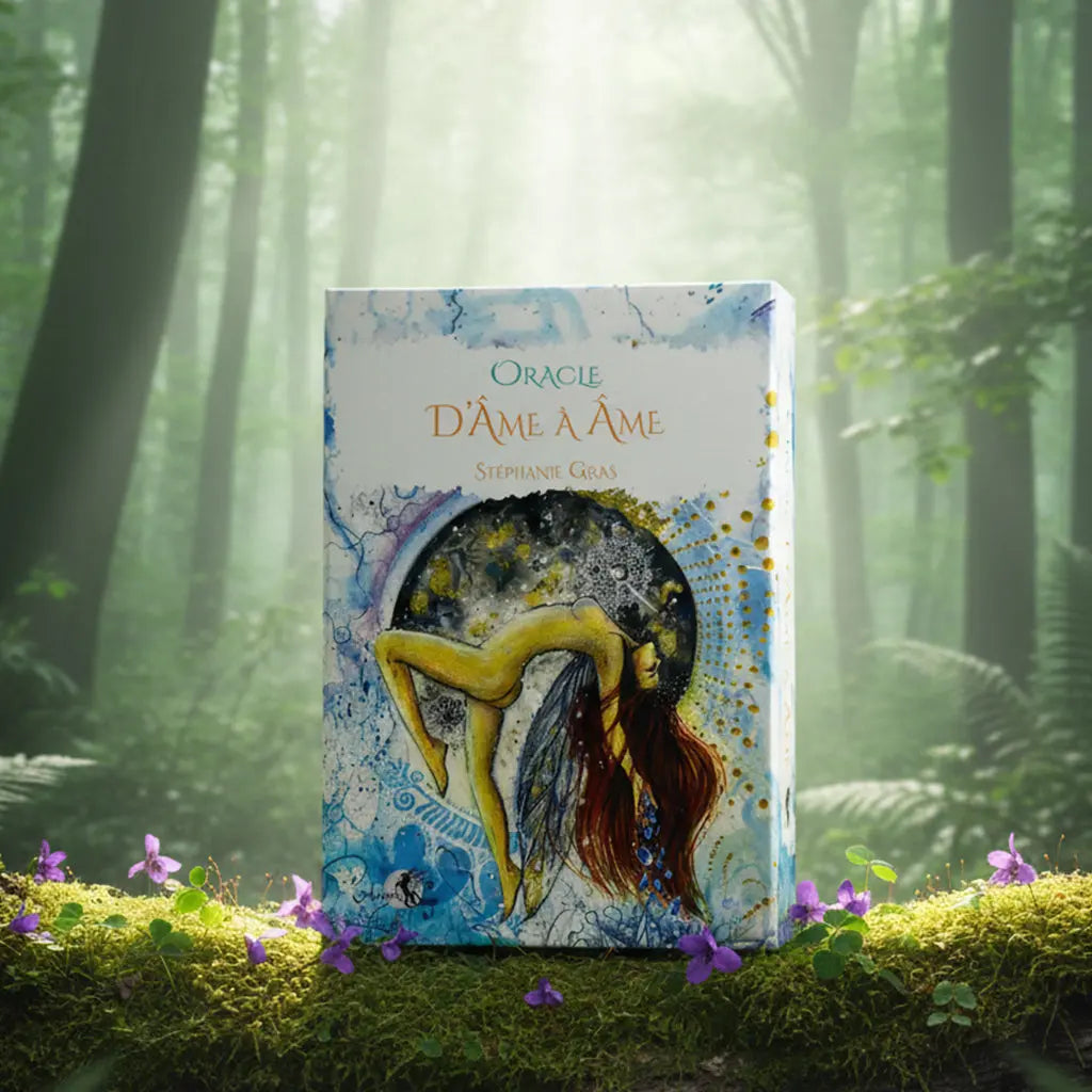 Coffret blanc et bleu Oracle D'Âme à Âme de Stéphanie Gras posé sur une souche, illustré d'une femme en posture de danse céleste aquarelle.