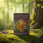 Coffret violet L'Oracle de Guérison du Coeur Amérindien de Melanie Ware posé sur une souche, orné d'un mandala doré sacré rayonnant.