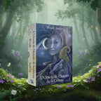 Coffret bleu nuit L'Oracle de l'Amour de la Déesse de Wendy Andrew posé sur une branche moussue, illustré d'un visage féminin tenant un croissant de lune et accompagné d'une colombe.