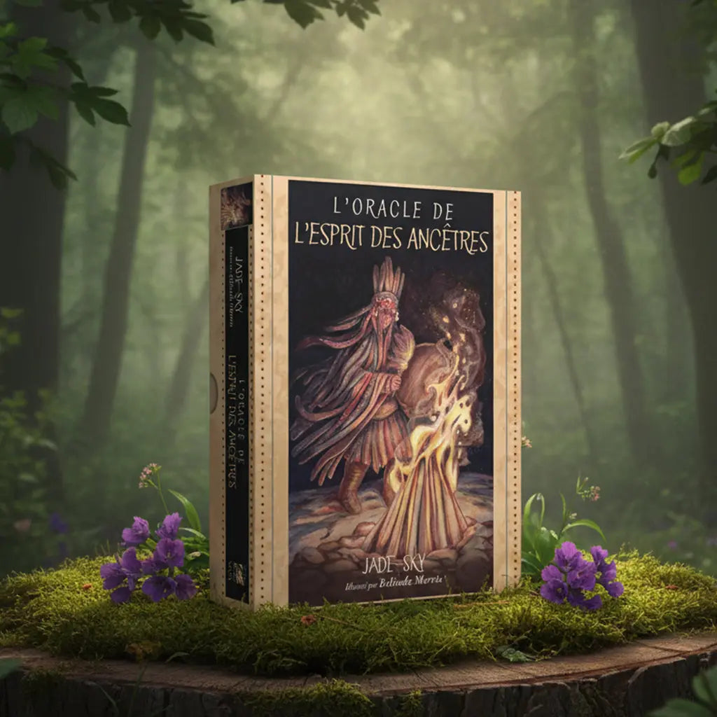 Coffret L'Oracle de l'Esprit des Ancêtres de Jade Sky posé sur une souche, illustré d'un chaman accomplissant un rituel près d'un feu sacré.