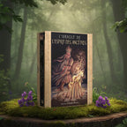 Coffret L'Oracle de l'Esprit des Ancêtres de Jade Sky posé sur une souche, illustré d'un chaman accomplissant un rituel près d'un feu sacré.