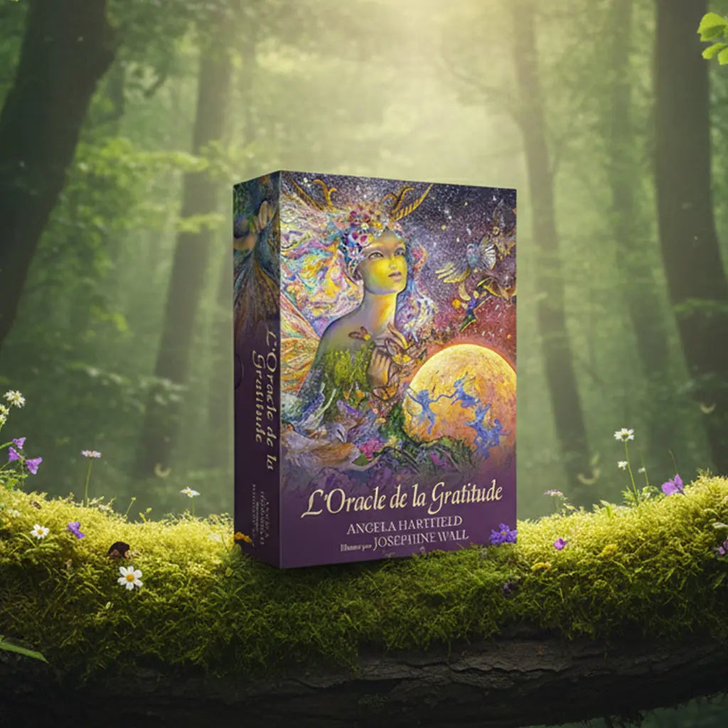 Coffret violet L'Oracle de la Gratitude d'Angela Hartfield posé sur une souche, illustré d'une femme féerique entourée de galaxies et de nature.