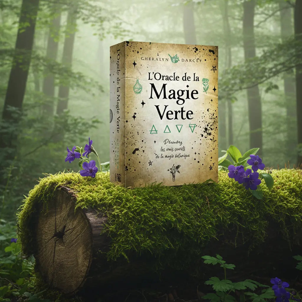 Coffret beige L'Oracle de la Magie Verte de Cheralyn Darcey posé sur un tronc moussu entouré de fleurs violettes, illustré de symboles alchimiques et botaniques.