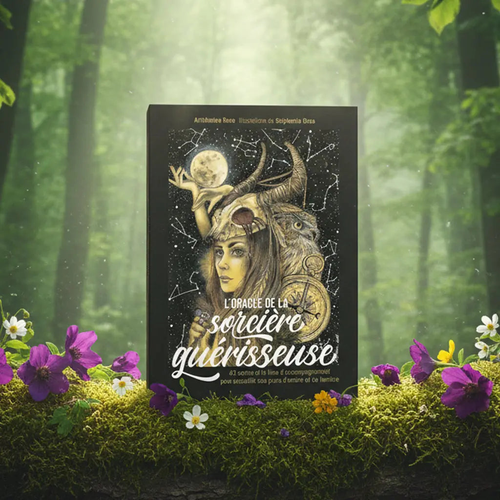 Coffret noir L'Oracle de la Sorcière Guérisseuse d'Arthémise Rose posé sur une souche, illustré d'une femme coiffée d'un crâne animal sous la lune par Stéphanie Gras.