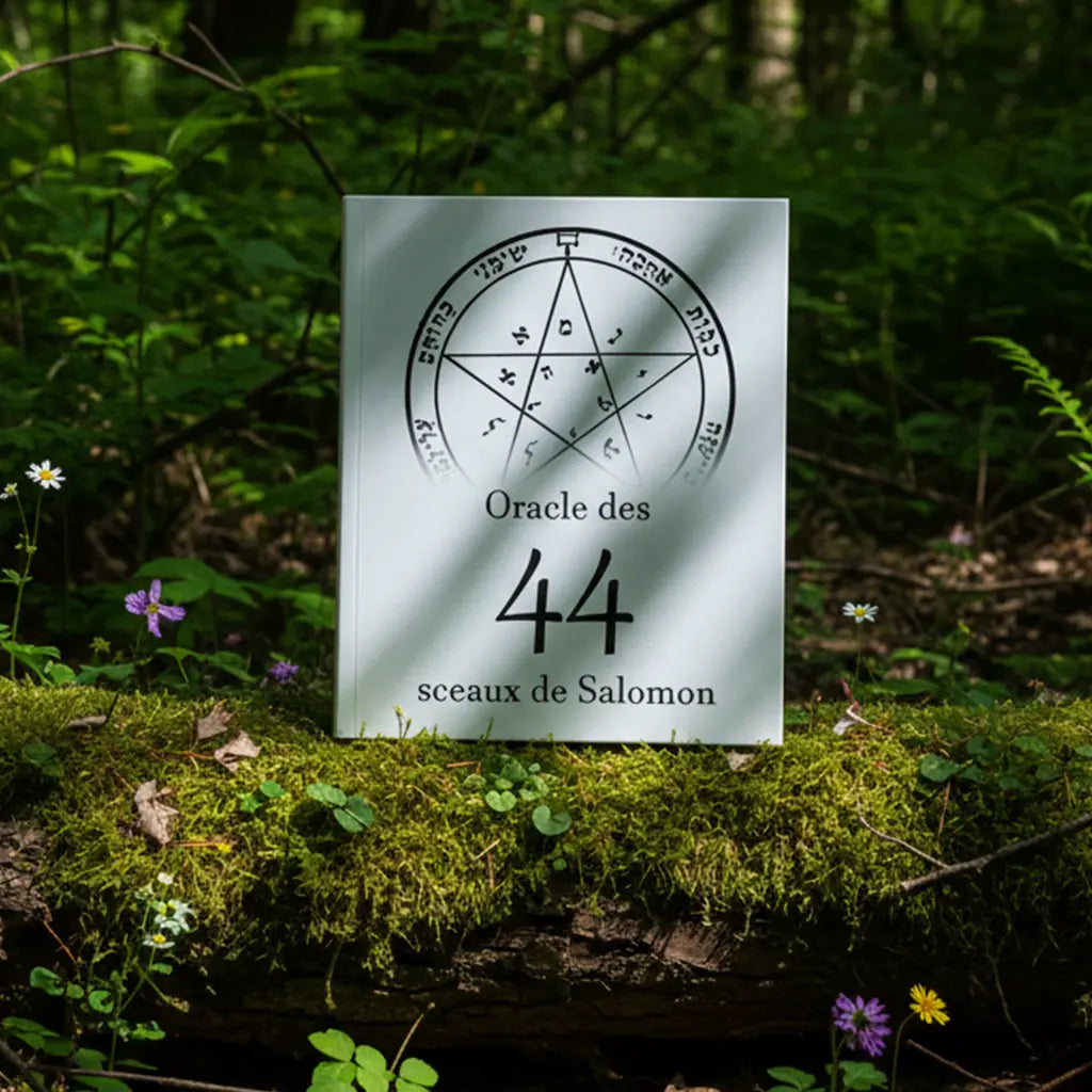 Coffret blanc L'Oracle des 44 Sceaux de Salomon d'Alida Noordegraaf posé sur une branche moussue en forêt, orné d'un pentacle noir et de lettres hébraïques.
