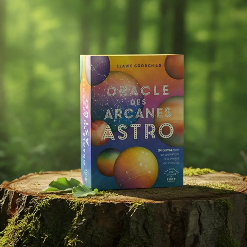 Coffret coloré de l'Oracle des Arcanes Astro - 54 Cartes de Claire Goodchild posé sur une souche en forêt, illustré de planètes vibrantes.