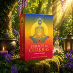 Coffret coloré L'Oracle des Chakras de Caryn Sangster posé dans la mousse, illustré d'une silhouette en méditation révélant les sept centres énergétiques.