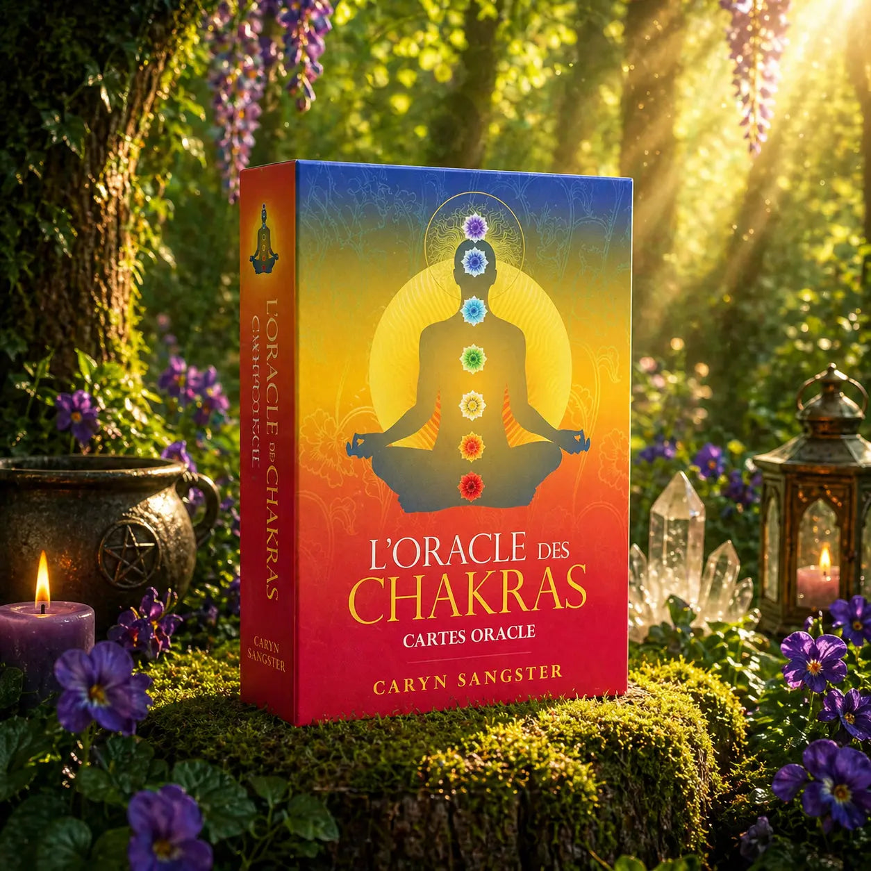 Coffret coloré L'Oracle des Chakras de Caryn Sangster posé dans la mousse, illustré d'une silhouette en méditation révélant les sept centres énergétiques.