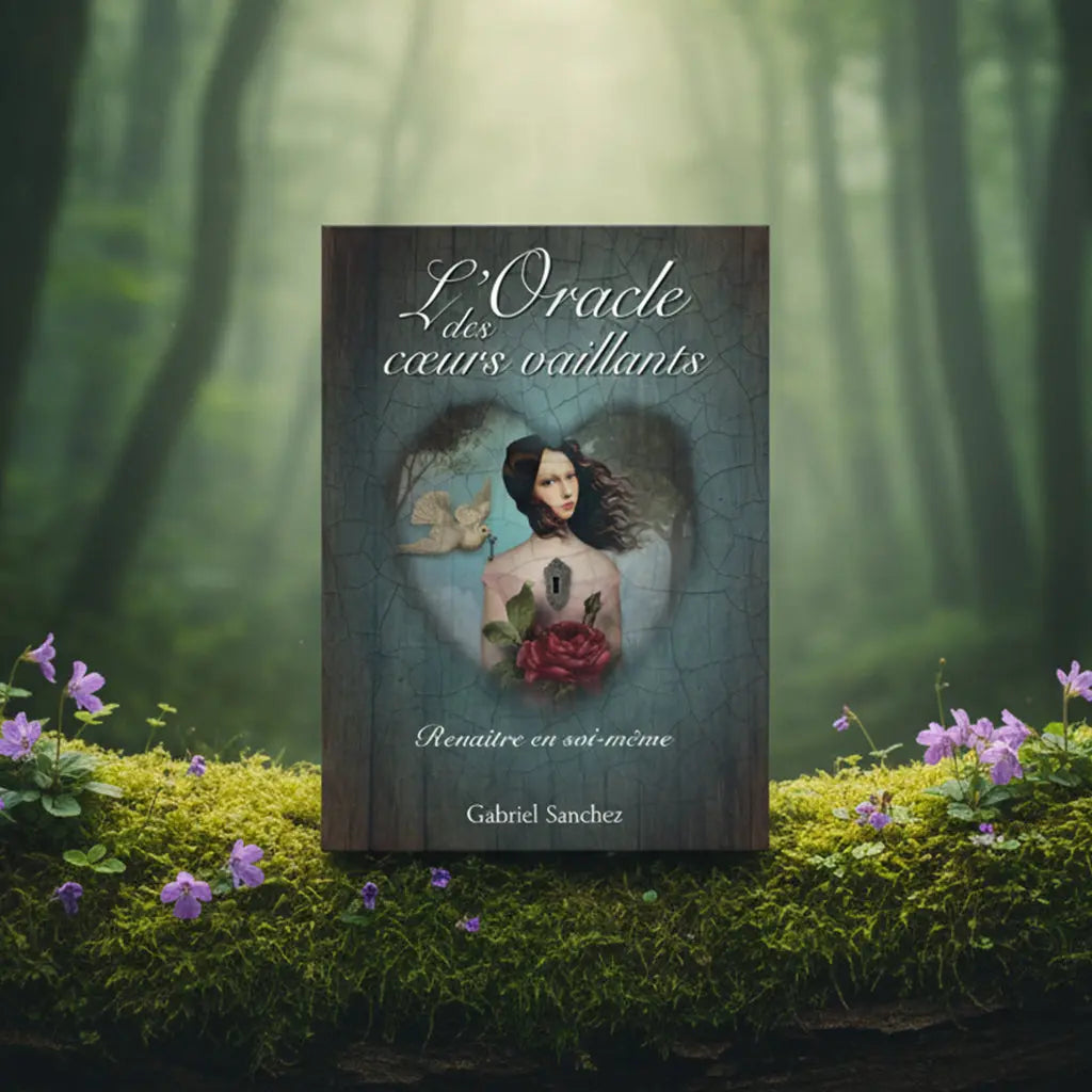 Coffret aspect bois L'Oracle des Cœurs Vaillants de Gabriel Sanchez posé sur une souche, illustré d'un cœur bleu craquelé contenant une femme au cœur-serrure et une colombe.