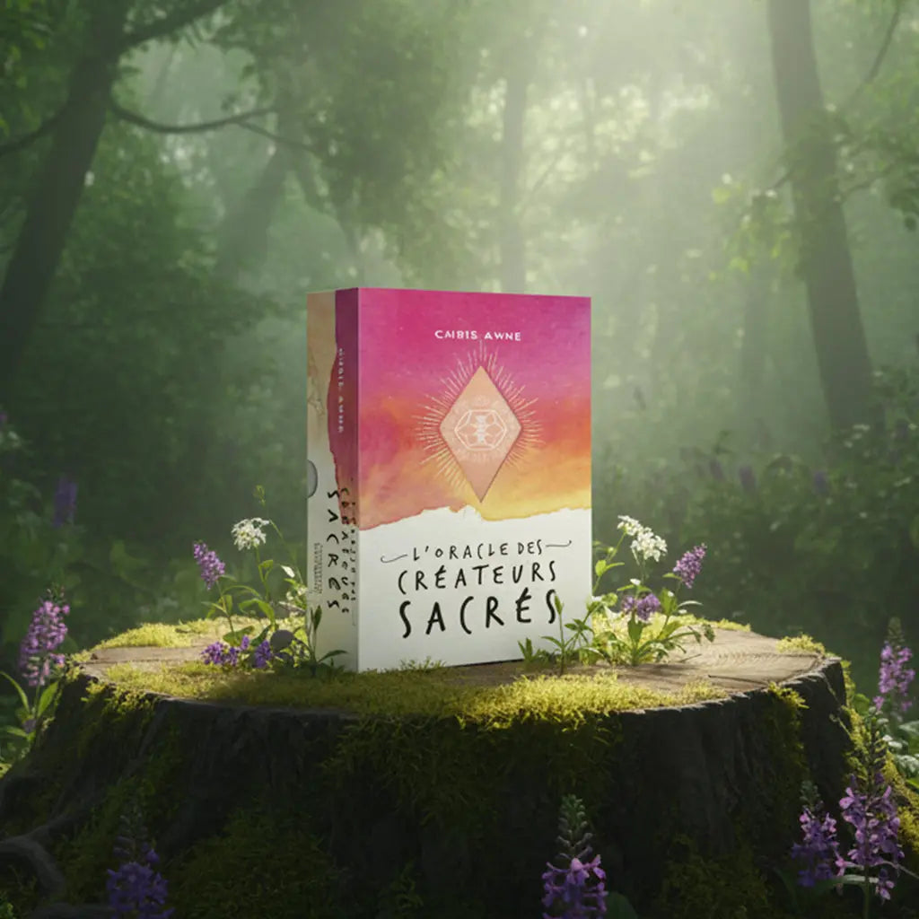 Coffret aquarelle rose et blanc L'Oracle des Créateurs Sacrés de Chris-Anne posé sur une souche, illustré d'un losange géométrique doré.