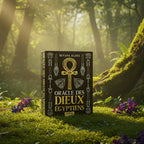 Coffret noir et or Oracle des Dieux Egyptiens de Silvana Alasia posé sur une souche, illustré d'une croix d'Ankh et de fleurs de lotus.