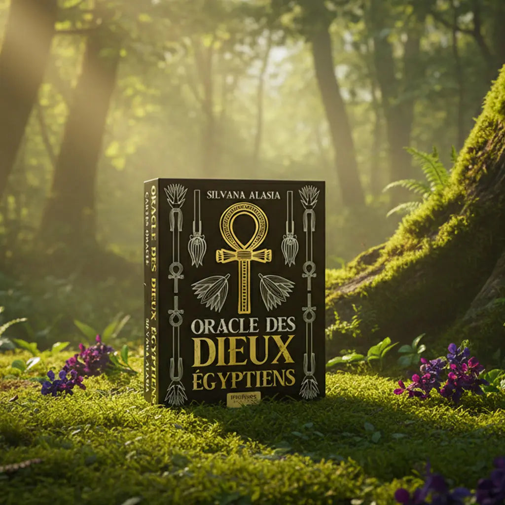 Coffret noir et or Oracle des Dieux Egyptiens de Silvana Alasia posé sur une souche, illustré d'une croix d'Ankh et de fleurs de lotus.
