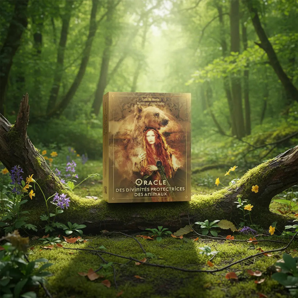 Coffret doré de l'Oracle des Divinités Protectrices des Animaux de Laila Del Monte, illustré d'une femme rousse et d'un ours, posé sur une branche moussue en forêt.