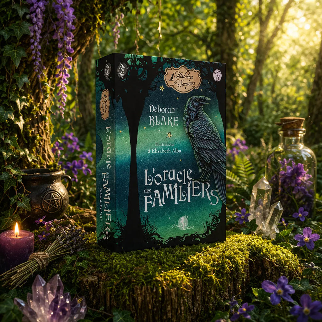Coffret sombre L'Oracle des Familiers de Deborah Blake posé dans une forêt mystique, illustré d'un corbeau noir majestueux sur un fond de ciel nocturne émeraude.