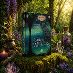 Coffret sombre L'Oracle des Familiers de Deborah Blake posé dans une forêt mystique, illustré d'un corbeau noir majestueux sur un fond de ciel nocturne émeraude.