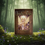 Coffret marron Oracle des Fées de Lucy Cavendish posé sur une souche, illustré d'une fée blonde lumineuse entourée de créatures magiques dans une forêt.