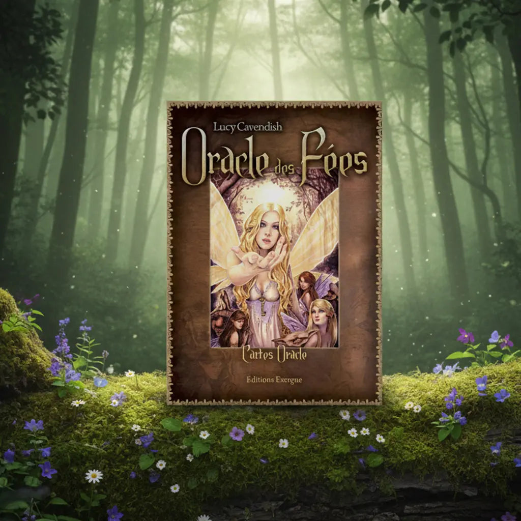 Coffret marron Oracle des Fées de Lucy Cavendish posé sur une souche, illustré d'une fée blonde lumineuse entourée de créatures magiques dans une forêt.