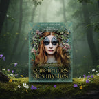 Coffret vert émeraude L'Oracle des Gardiennes des Mythes de Sylvie Verchère posé sur une souche, illustré d'une femme rousse portant un masque papillon et une couronne végétale.