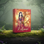 Coffret rouge et or L'Oracle des Kitsune de Lucy Cavendish posé sur une souche, illustré d'une femme en kimono et d'un renard sacré par Meredith Dillman.