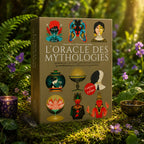 Coffret doré L'Oracle des Mythologies de Chantal Motto posé dans la mousse, illustré de neuf icônes colorées représentant des divinités et symboles sacrés du monde.