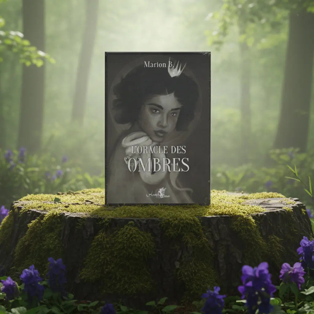Coffret noir et blanc L'Oracle des Ombres de Marion B. posé sur une souche, illustré d'un portrait de femme couronnée avec un serpent blanc autour du cou.