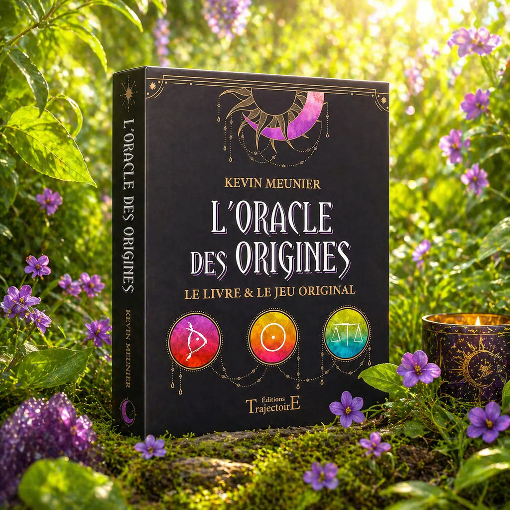 Coffret noir L'Oracle des Origines de Kevin Meunier posé dans la mousse forestière, orné de trois cercles colorés contenant des symboles ésotériques anciens.